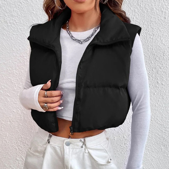 Black Casual Women's Zipper Front Vest Padded Coat - Picture 1 of 5